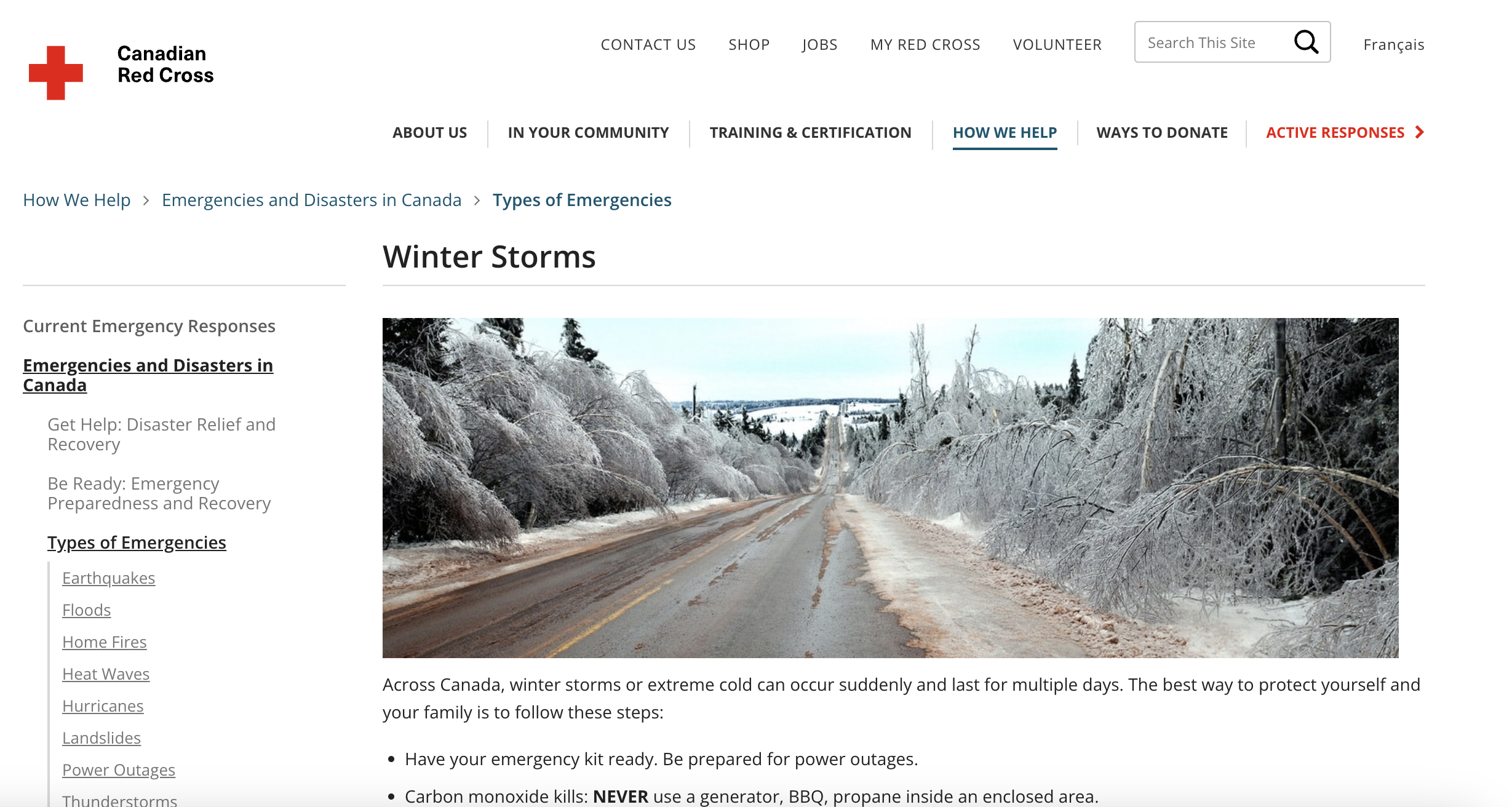 Screen capture showing snowy roadway with title Winter Storm. Canadian Red Cross