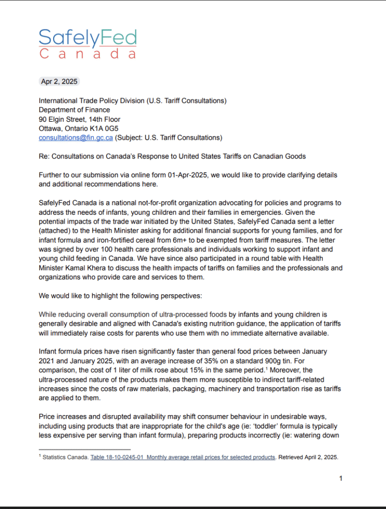 Letter to Canadian government re: impact of tariffs on infant feeding