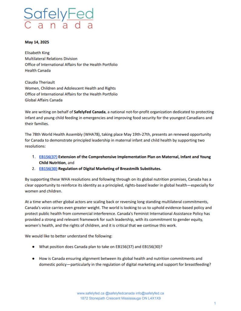 Thumbnail image of May 14 2025 letter to Canadian government re WHA 78 resolutions